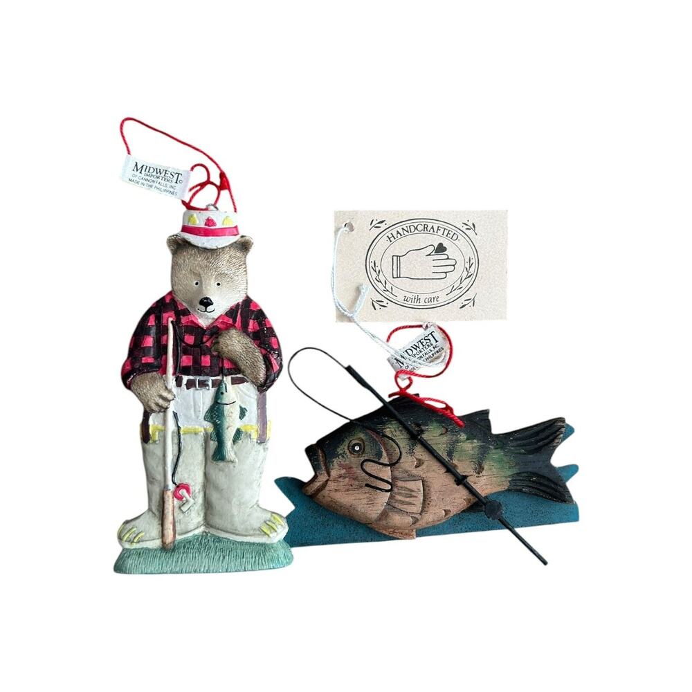 Vintage Midwest Importers Fisherman & Fish Christmas Ornaments Hunting
